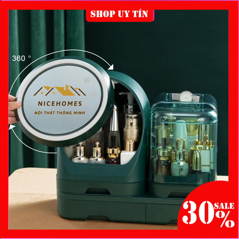 Tủ đựng đồ trang điểm có đèn led có quạt đổi màu, gương xoay 360 độ tủ đựng đồ mỹ phẩm cao cấp tiện lợi NPR19