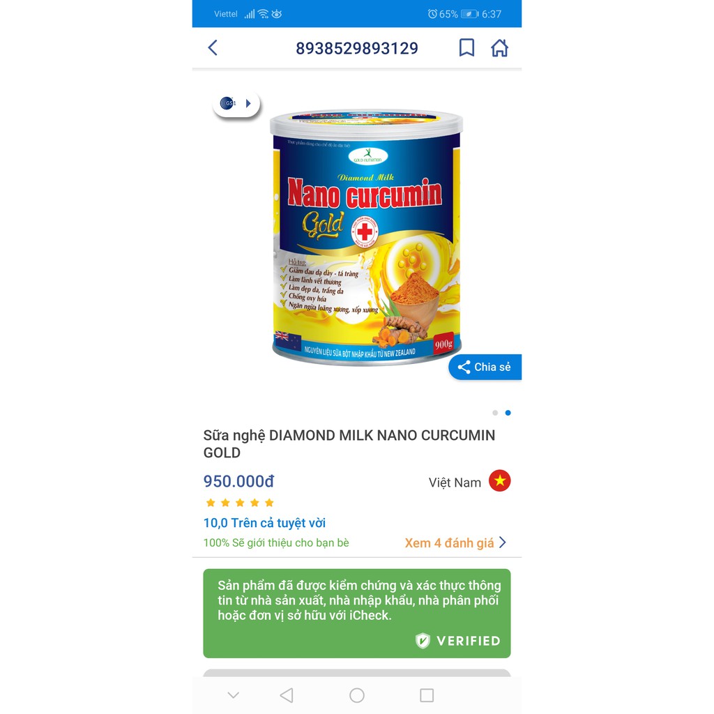 Hộp 900g Sữa Nghệ Nano Curcumin Gold giảm đau dạ dày, đẹp da, ngừa loãng xương