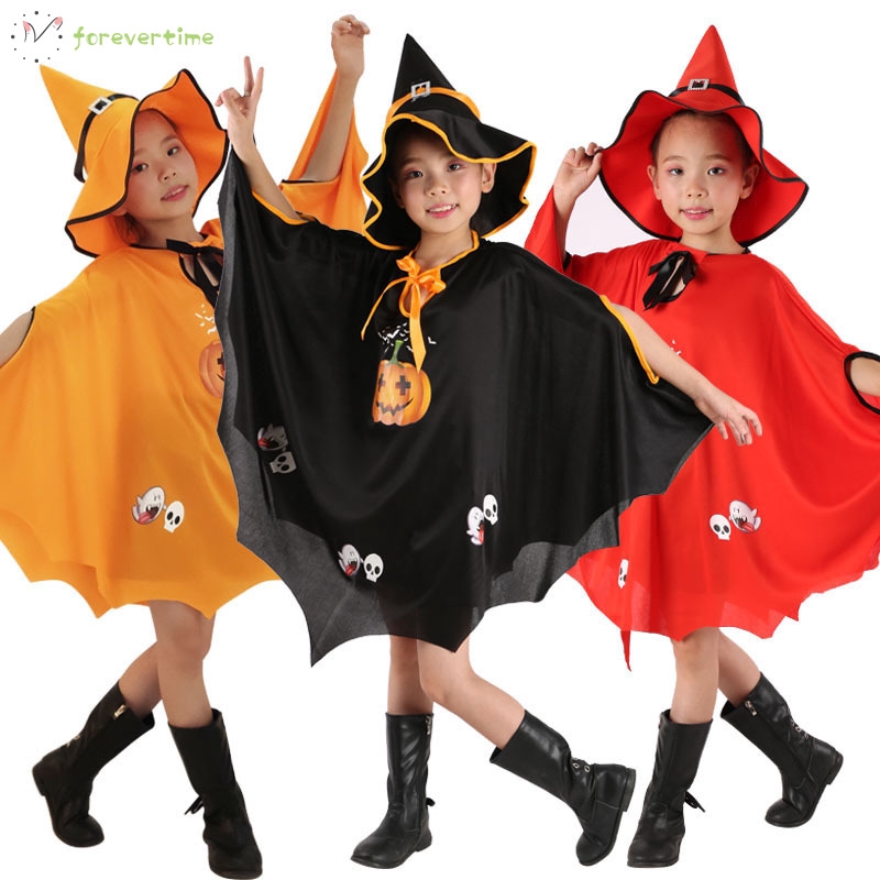 ☞mũ☜ Halloween Pumkin Witch Cloak with Hat Cosplay Costumes Party Clothes for Kids Children Girls