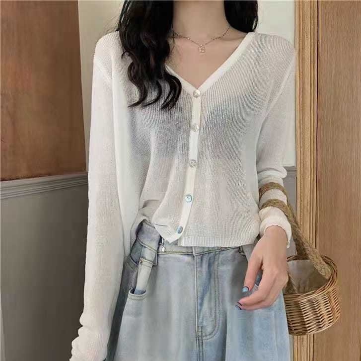 Áo Khoác Cardigan Dệt Kim Mỏng Màu Trơn Cổ Chữ V Tay Dài Chống Nắng Mùa Hè Phong Cách Mới