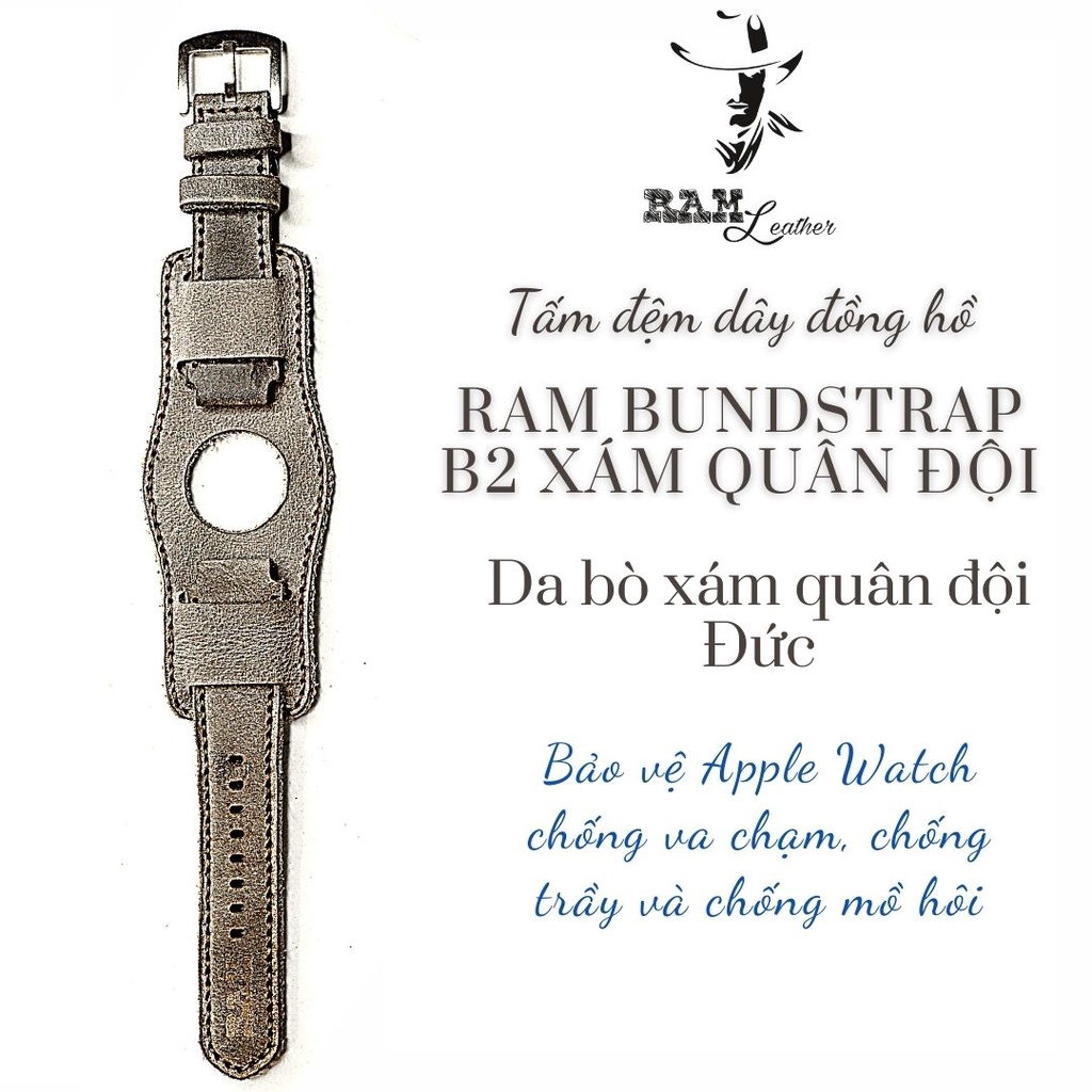 Tấm đệm dây apple watch chống mồ hôi da bò xám than kiểu quân đội handmade bền chắc cực đẹp RAM Leather B2