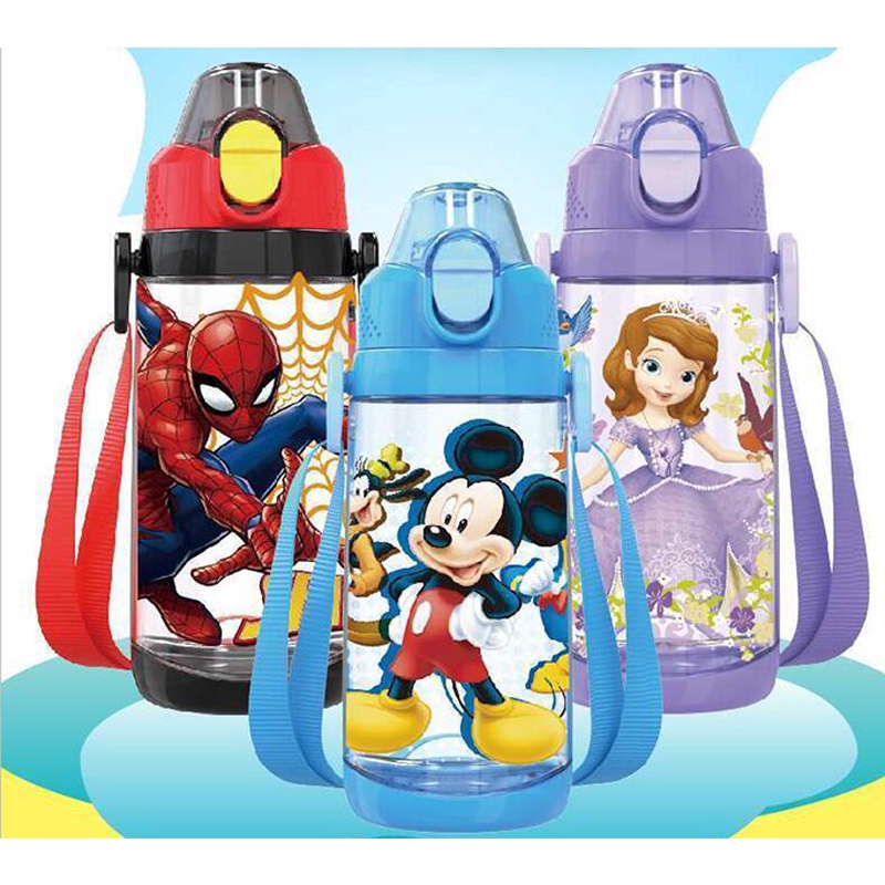 Bình nước thể thao cho bé thiết kế nhấn nút in hình hoạt hình Disney dung tích 600ml