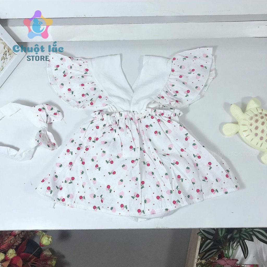 Bộ Đồ Body Cho Bé Gái Chuột Lắc Store Tay Cánh Tiên Giả Váy Họa Tiết Trái Cây Màu Trắng Tặng Kèm Tuban 3kg Đến 10kg