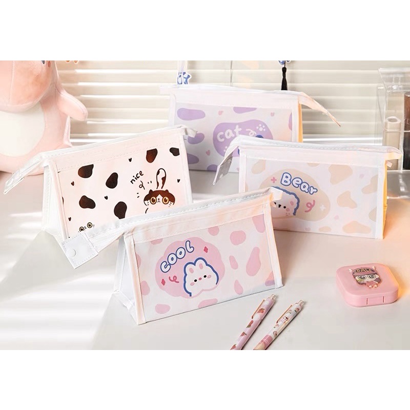 Bóp bút họa tiết con bò hoạt hình dễ thương công suất lớn dùng đựng bút mĩ phẩm tiện lợi
