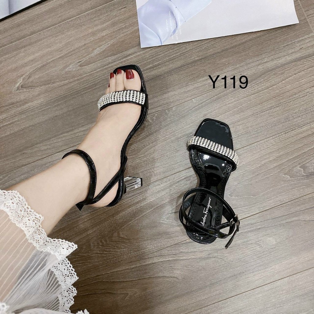 Sandal da bóng quai trước viền đá gót trụ nhỏ trong - 7P