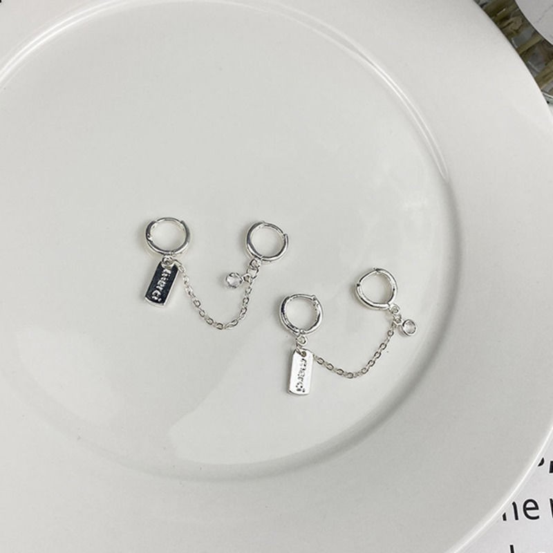 Khuyên Tai Tròn Mặt Chữ Phối Sợi Xích Cá Tính Cổ Điển Phong Cách Hàn Quốc