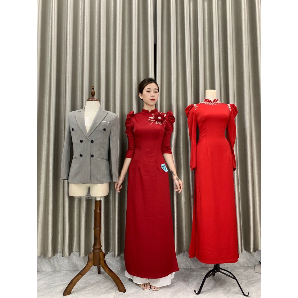 Áo dài tây thi hoa nổi cao cấp_tông màu đỏ sang chảnh
