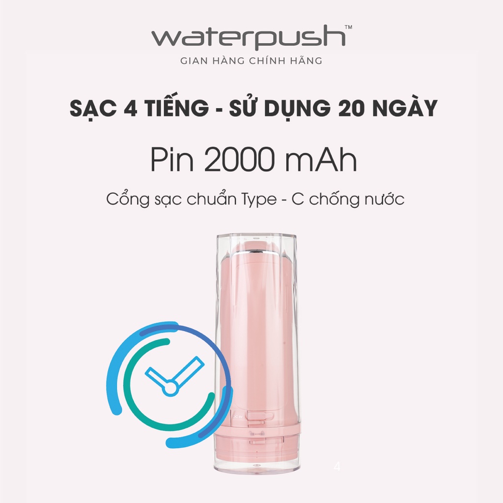 Máy tăm nước du lịch cao cấp WaterPush 1903 màu hồng -  Bình chứa lớn - Siêu Gọn - 1 đổi 1 trong 12 tháng