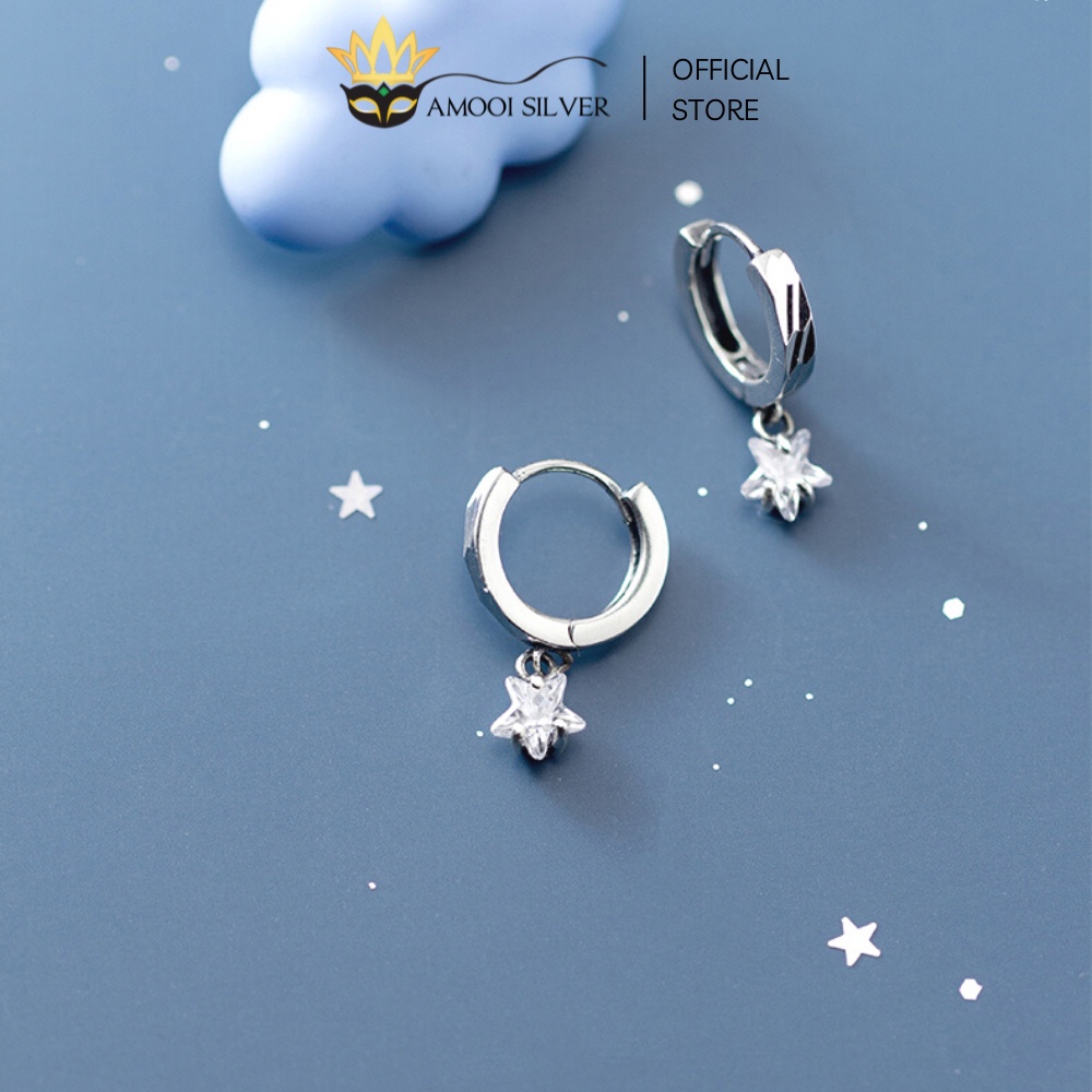 [Mã BMLT35 giảm đến 35K đơn 99K] Bông Tai Bạc S925 Khoen Tròn Mẫu Ngôi Sao Móc Đường Kính 8mm - Amooi Silver AB98