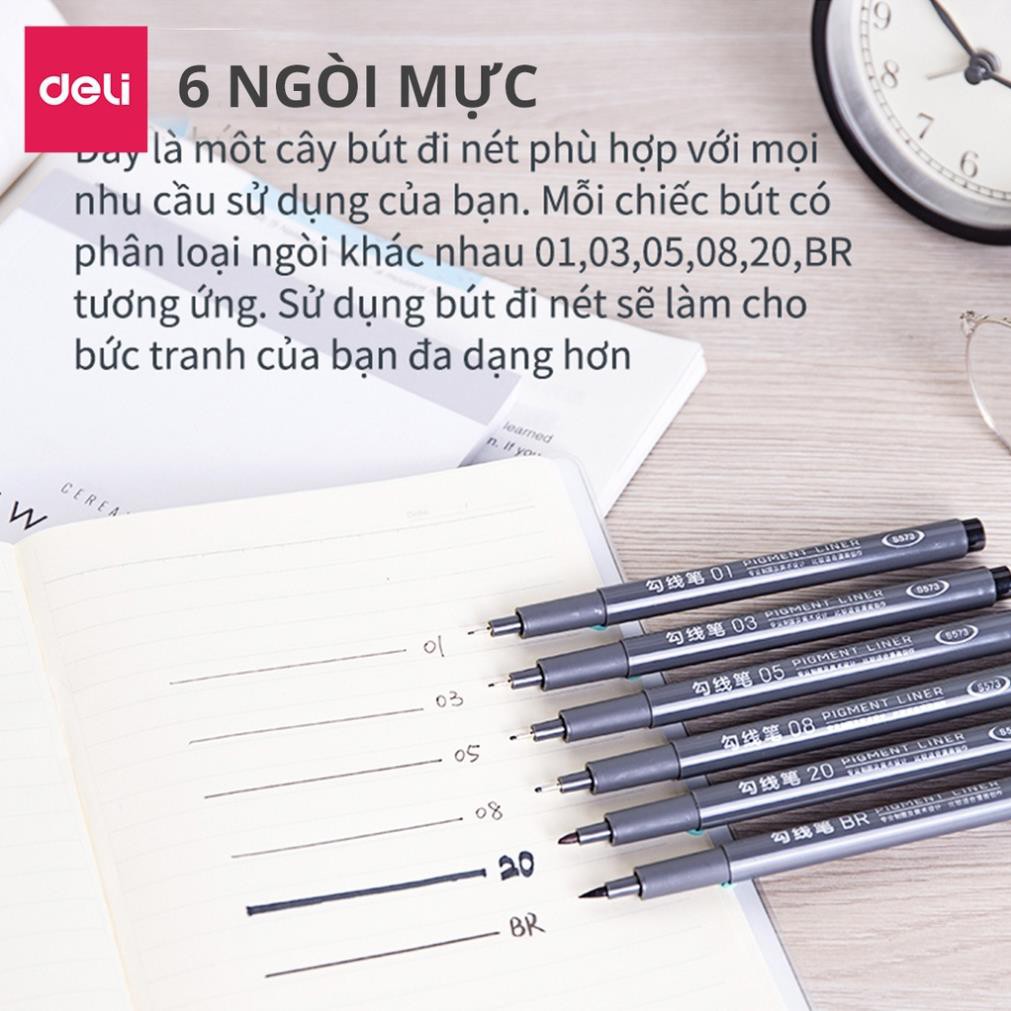 Bút kỹ thuật đi nét nhiều ngòi màu đen Deli - kháng nước - vẽ caligraphy phác thảo - bộ 6 chiếc  - S573 .