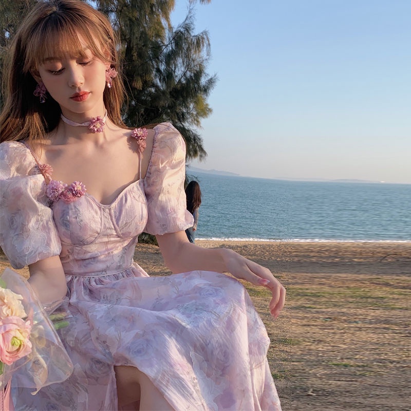 💥Đầm Dài Hai Dây Xẻ Tà Họa Tiết Hoa Phong Cách Công Chúa Kiểu Pháp Thời Trang Mùa Hè Mới đầm dự tiệc