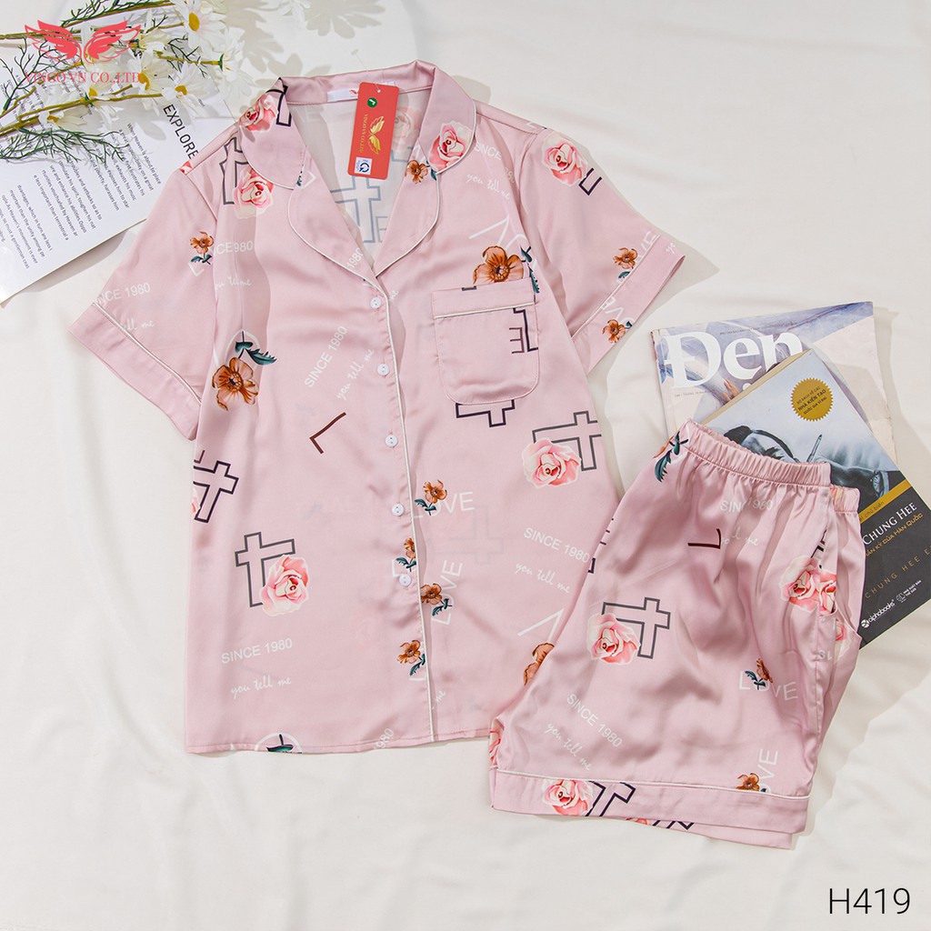Bộ Đồ Ngủ Pyjama Mặc Nhà VINGO Nữ Lụa Pháp Cao cấp tay Cộc Quần Cộc Họa Tiết Hoa Hồng Chữ Love H419 VNGO - TCQC | BigBuy360 - bigbuy360.vn