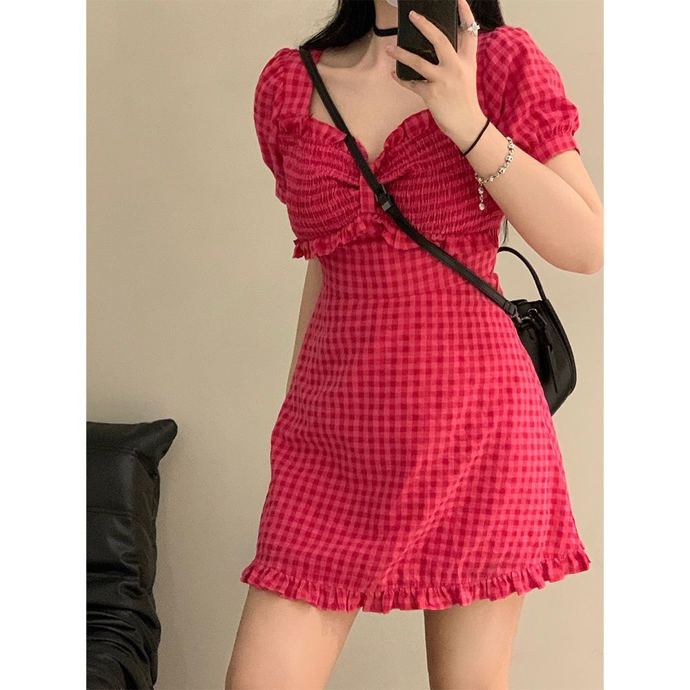 Đầm Họa Tiết Sọc Caro Màu Xanh Lá Cây Phong Cách Pháp Thời Trang Mùa Hè Mới