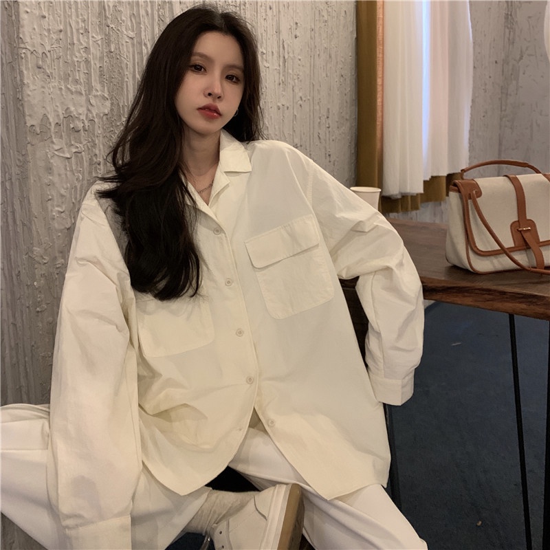 Áo Sơ Mi Trắng Tay Dài Dáng Rộng Cổ Polo Thời Trang Cho Nữ
