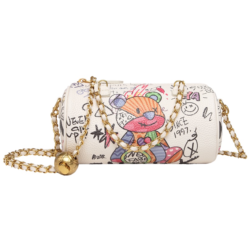 Túi đeo vai hình trụ in hình vẽ gấu dễ thương thời trang mùa hè 2021