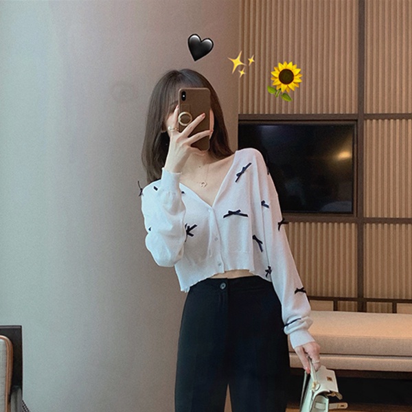 Áo Khoác Cardigan Dệt Kim Tay Dài Phối Nơ Thiết Kế Ngọt Ngào Cho Phái Nữ