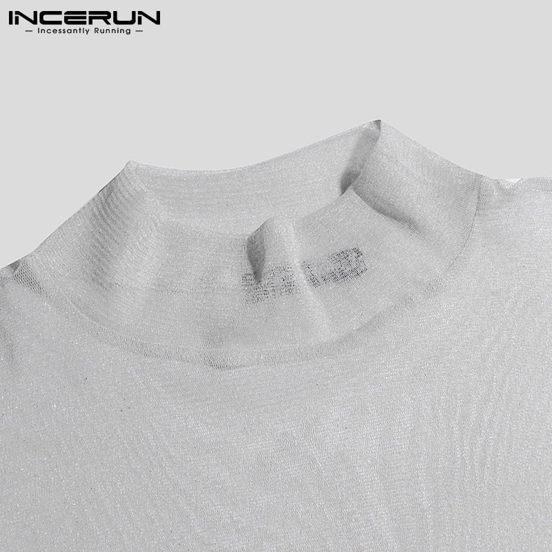 Áo thun INCERUN tay dài phối lưới xuyên thấu màu sắc đơn giản dành cho nam