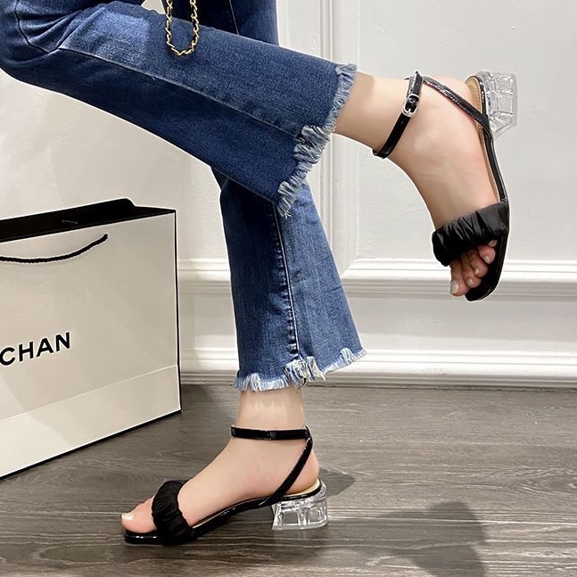Giày sandal nữ bèo nhún 3 phân đế vuông phong cách tiểu thư 2022 VINA STORE mã S15
