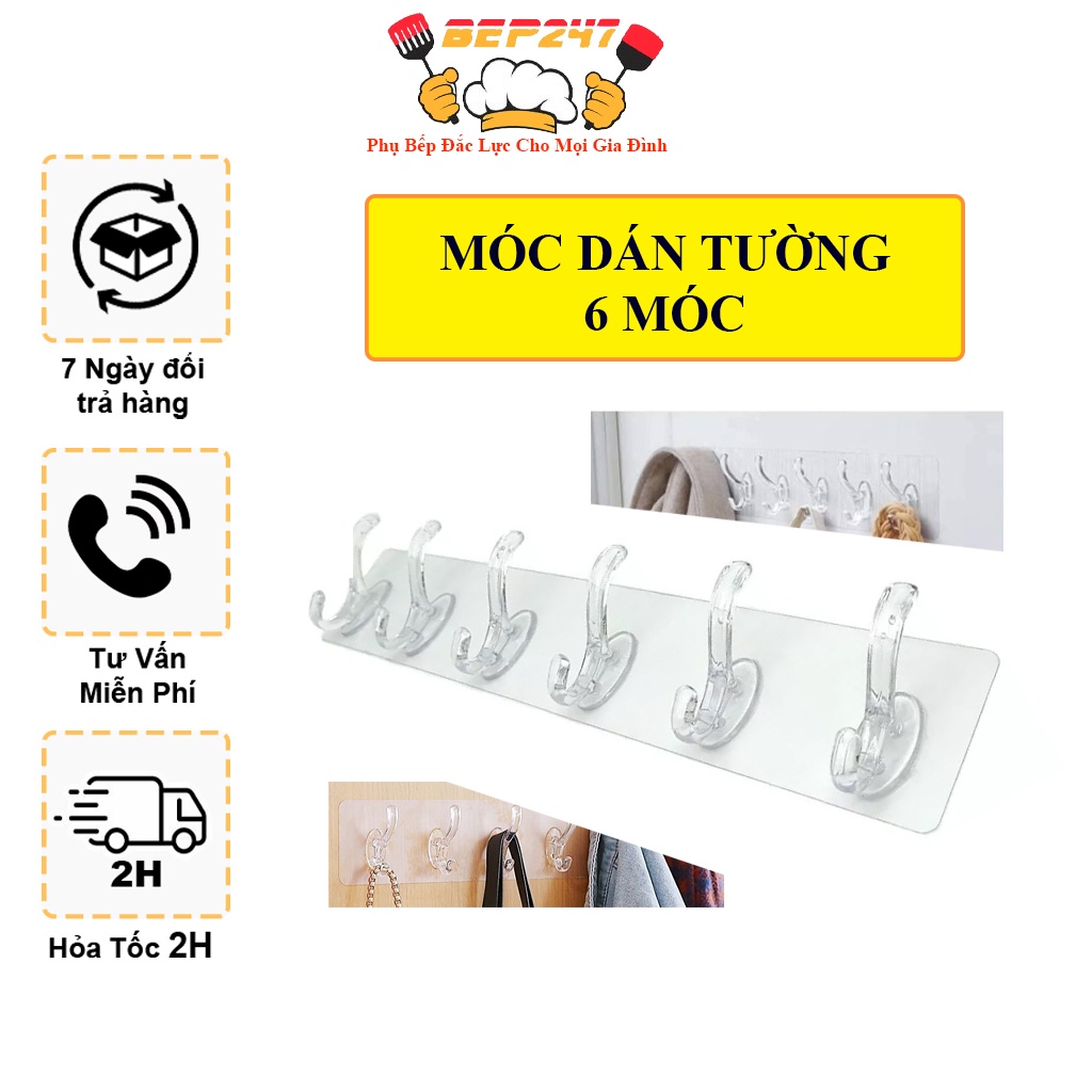 Miếng Dán 6 Móc Treo Đồ Dán Tường Siêu Dính Chịu Lực Đa Năng