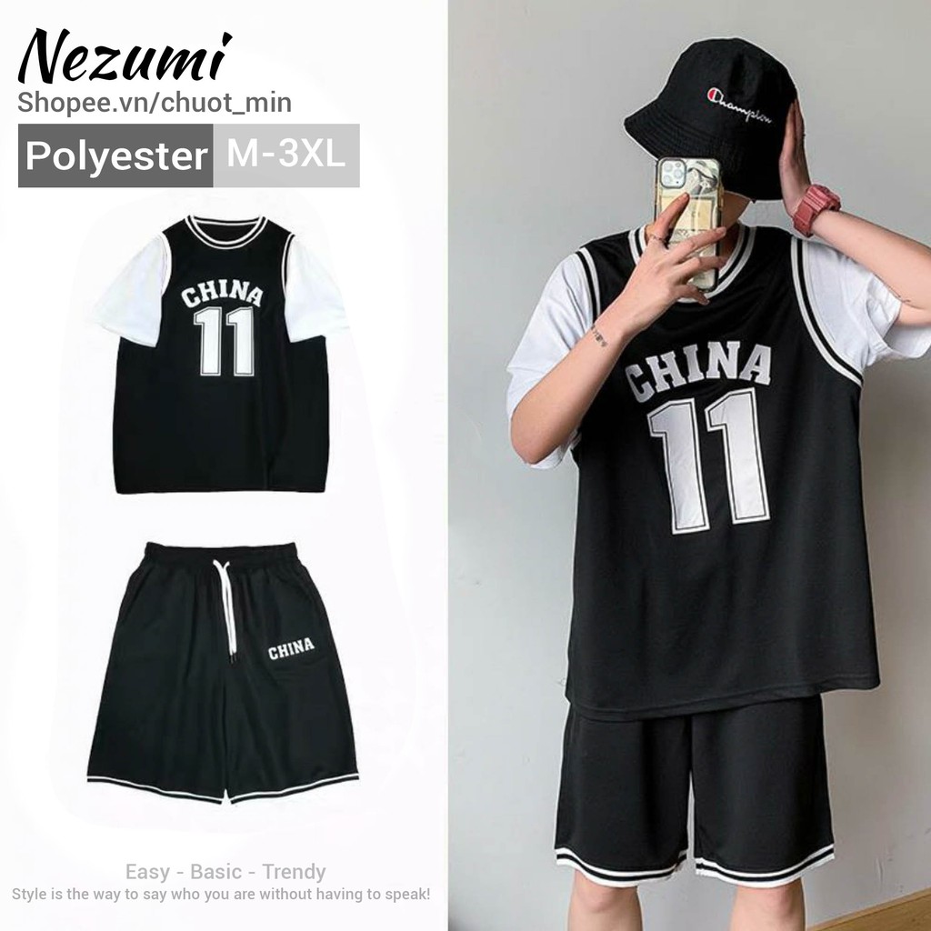 (Sẵn đen, trắng, xanh) Bộ quần áo thể thao bóng rổ China 11 unisex nam nữ