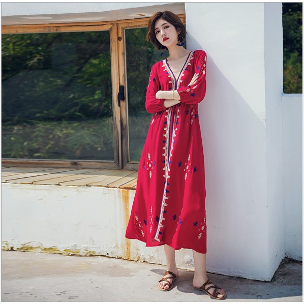 Váy du lịch bohemian cổ V hàng Quảng Châu phong cách trang phục lễ hội Vân Nam (Hàng có sẵn)