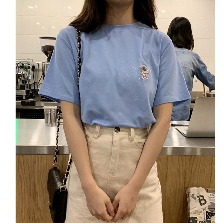 SUXI Áo Thun Ngắn Tay Thêu Hoa Xinh Xắn