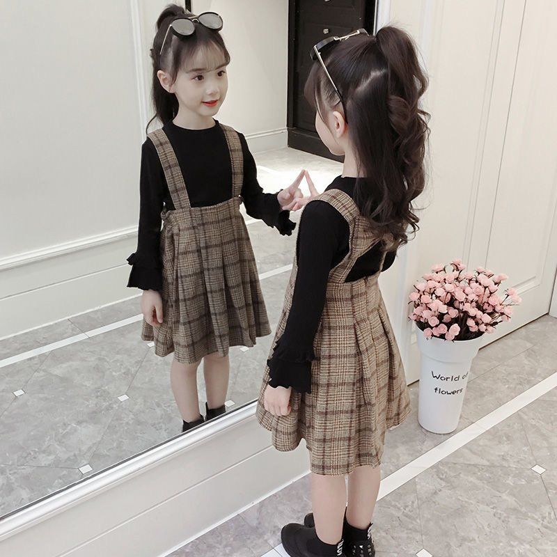 Set Áo Thun Dài Tay Cổ Tròn + Đầm Yếm Ca Rô Thời Trang Cho Bé Gái