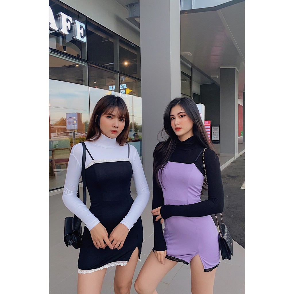 Đầm body nữ hai dây HHVINTAGE kiểu viền ren thun co giãn Dress A99