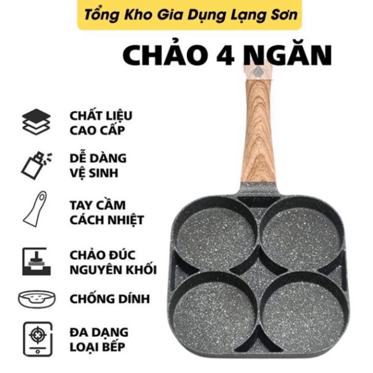 Chảo đá chống dính chiên trứng 4 ngăn, Chảo vuông chống dính vân đá sâu lòng dùng đa năng nhiều loại bếp A20