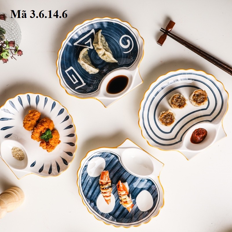 [SẴN] Đĩa sứ hình con sò kèm ngăn đựng nước chấm 2in1 men lam phong cách Nhật, phụ kiên bàn ăn 3.6.14.6