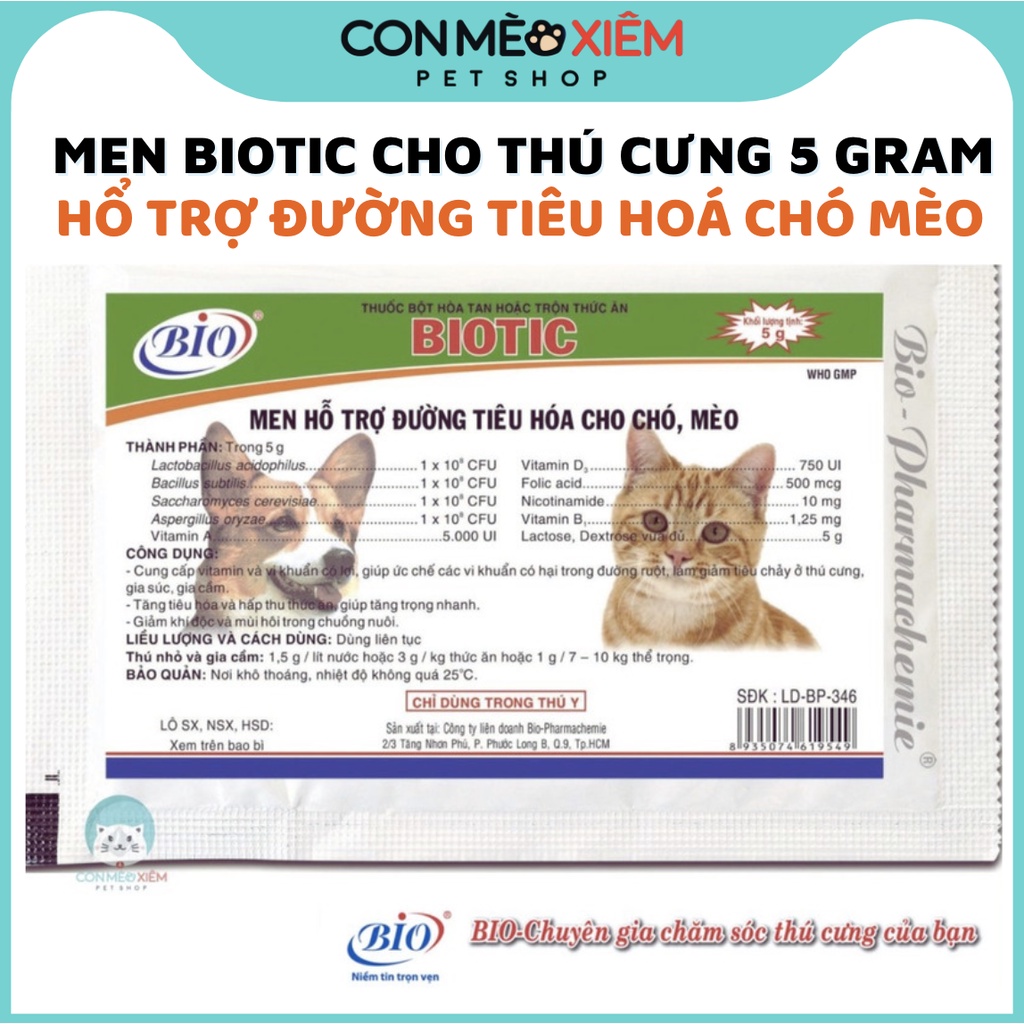 Men tiêu hoá cho chó mèo Biotic 5g, men bio hổ trợ đường tiêu hoá thú cưng Con Mèo Xiêm