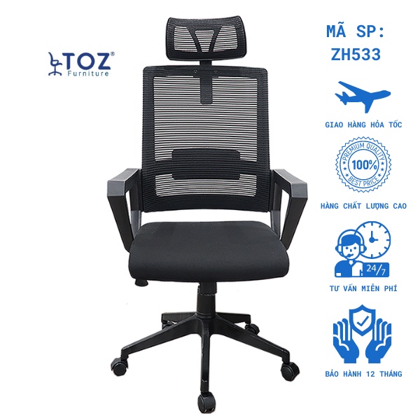 Ghế xoay lưới văn phòng TOZ có tựa đầu, ghế xoay tựa đầu làm việc văn phòng, ghế học sinh sinh viên chính hãng - ZH533