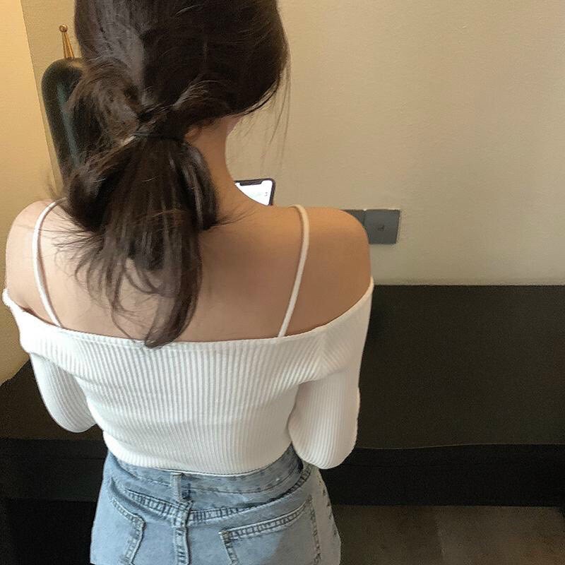Áo trễ vai tay dài 2 dây nhỏ chéo cổ chất gân tăm siêu xinh