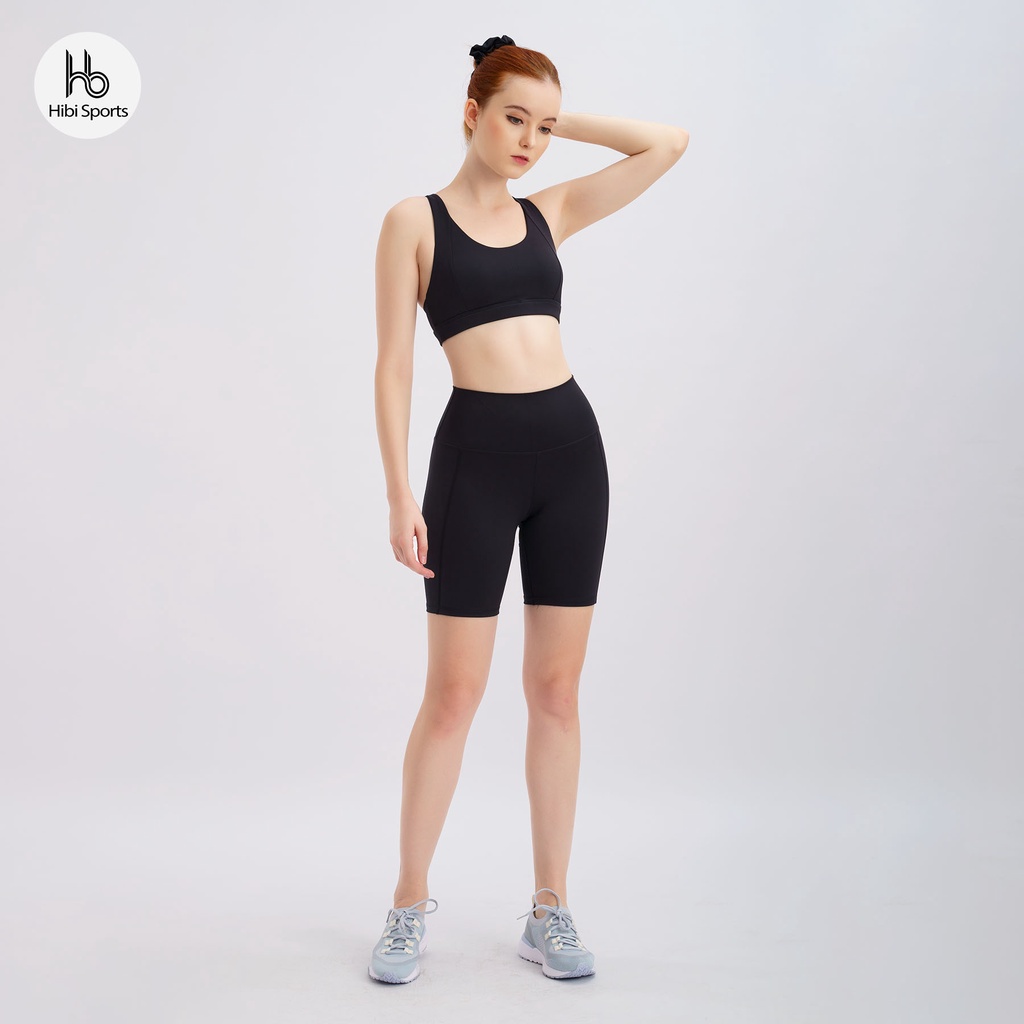 Set đồ tập yoga gym Luxury Hibi Sports H143, quần đùi lưng cao, size mới, màu Đen kèm mút ngực, vải cao cấp Lu Fabric