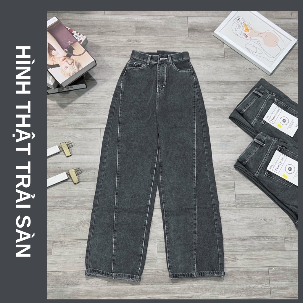 Quần Jeans Nữ Ống Rộng Chỉ Nổi Lưng Cao Dáng Suông, Quần Bò Trơn Màu Xám Sang Chảnh Size SML - 308