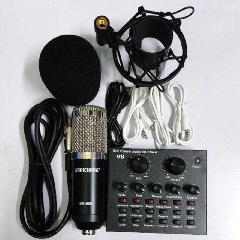 Combo bộ livestream thu âm,suond card v8, mic woaichang bm900,chân kẹp,màng lọc,tặng tai nghe