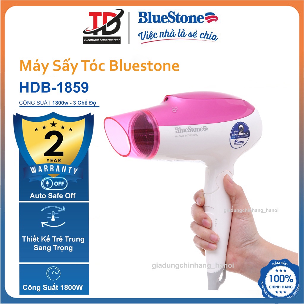 Máy Sấy Tóc Bluestone HDB-1859, 1800W, Sấy ion Giữ Ẩm, Bảo Hành Chính Hãng 24 Tháng