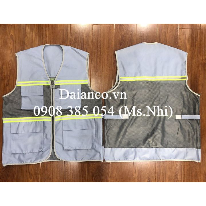Áo gile vải kaki phối lưới siêu mát may kèm phản quang poly xám- Hình thật