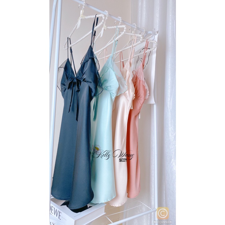 SX848 – Váy ngủ 2 dây có mút ngực vải lụa cao cấp phối voan thiết kế dây chéo hở lưng sexy quyến rũ