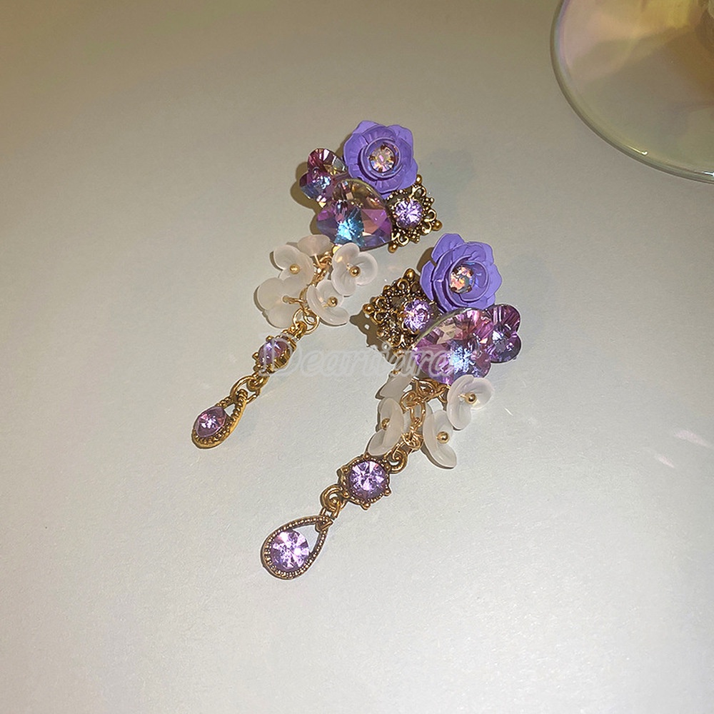 Bông Tai Hình Hoa Tím Đính Đá Pha Lê Phong Cách Retro Dễ Phối Đồ Thời Trang Cho Nữ
