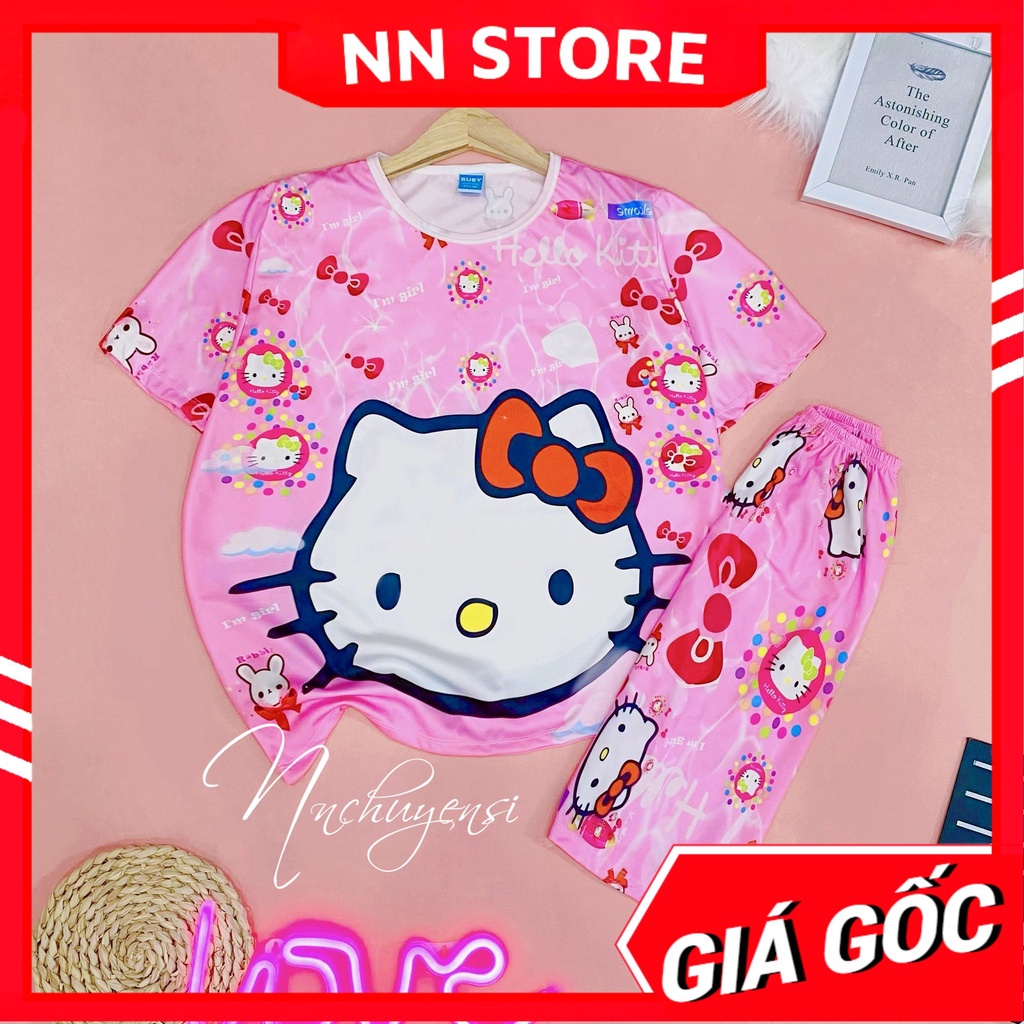 Đồ bộ thun lửng cho bé mặc nhà size đến 70kg in hình Kitty Hoạt Hình chất thun mềm mát Đồ bộ dễ thương DBRBL FULL SIZE