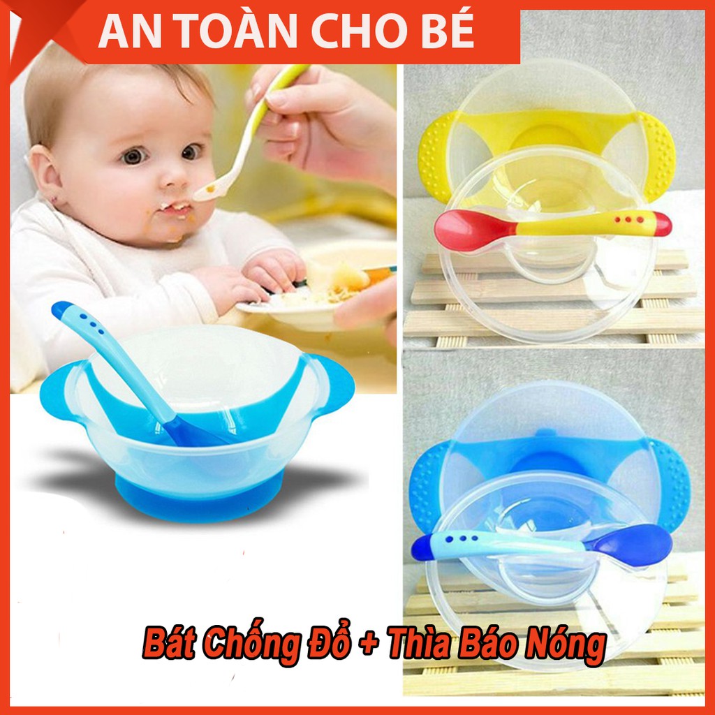 Bát Ăn Dặm Đế Hút Chân Không Kèm Thìa Báo Nóng An Toàn Cho Bé