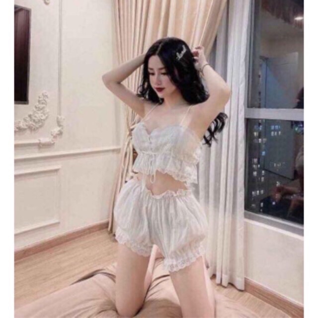 Bộ Đồ Ngủ Nữ  Dễ Thương Hai Dây Sexy Màu Trắng Thô Đũi Gợi Cảm Mặc Ngủ Mặc Ở Nhà -Bộ quần áo ngắn