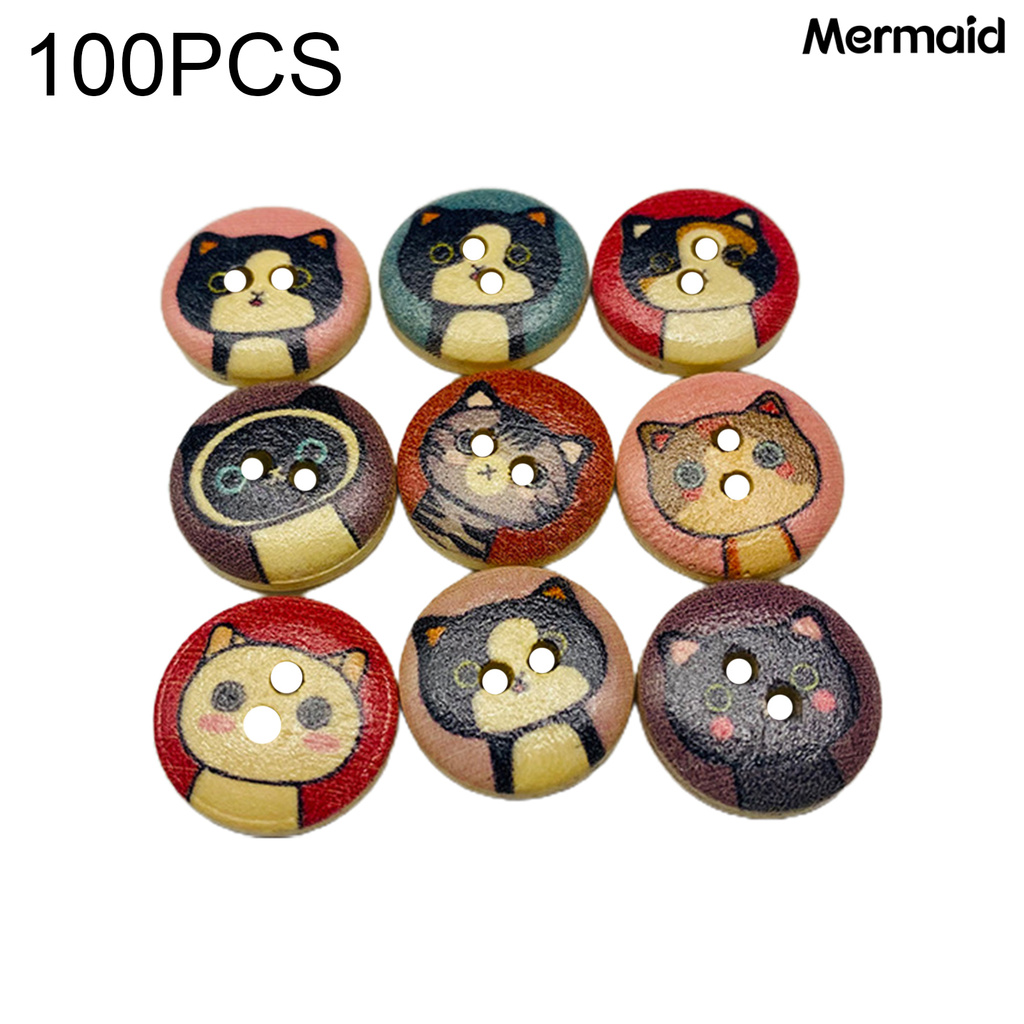 MM 100Pcs Cartoon Kitty Print Wood Buttons DIY Sewing Shirt Scrapbook Bags Decor