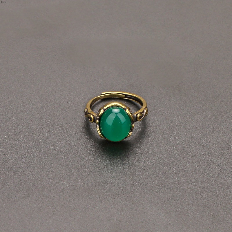 Yueying Nhẫn Hở Đính Đá Mã Não Màu Xanh Lá Có Thể Điều Chỉnh Được Cho Nữ