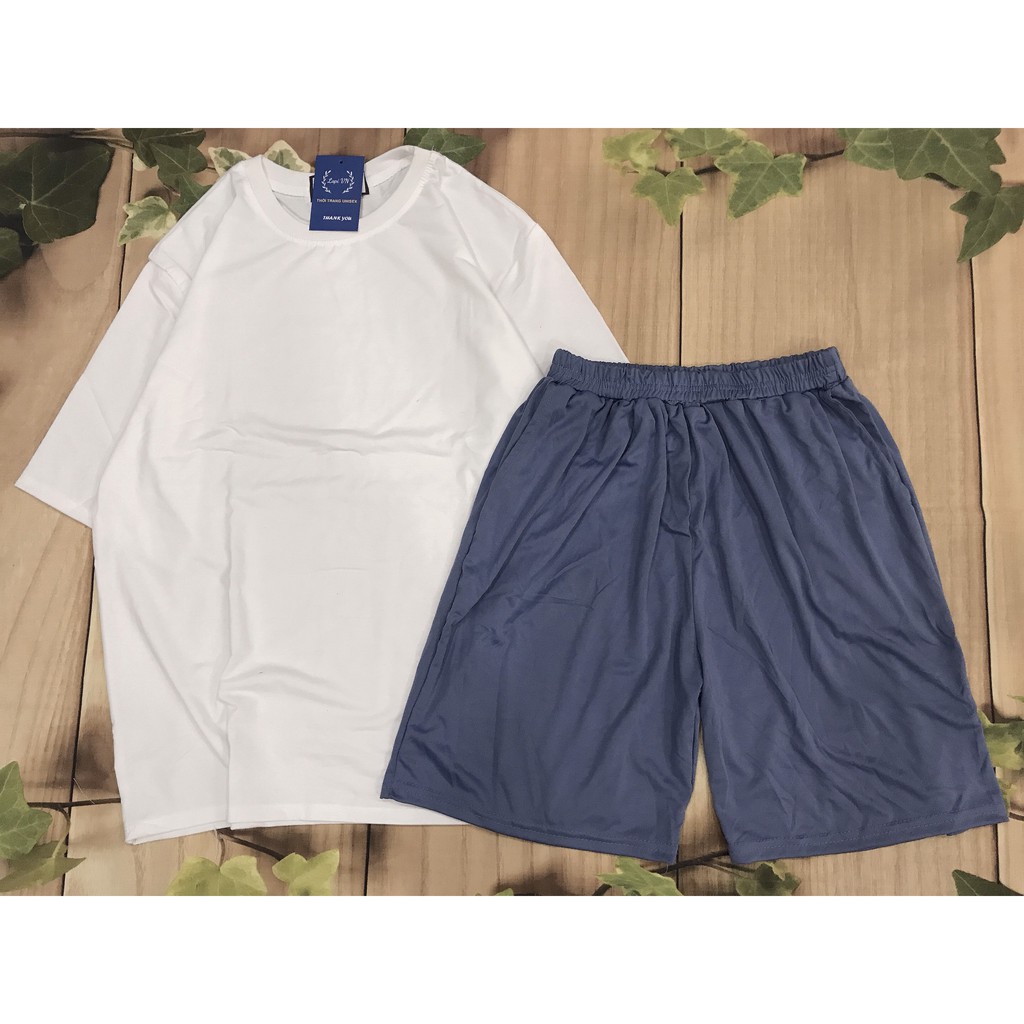 Set Đồ Bộ Lửng Trơn Unisex Trắng -Lapi VN Áo+ Quần Đùi Vải Thun Cotton Thoáng Mát, Freesize, Tay Lỡ, Phom Rộng