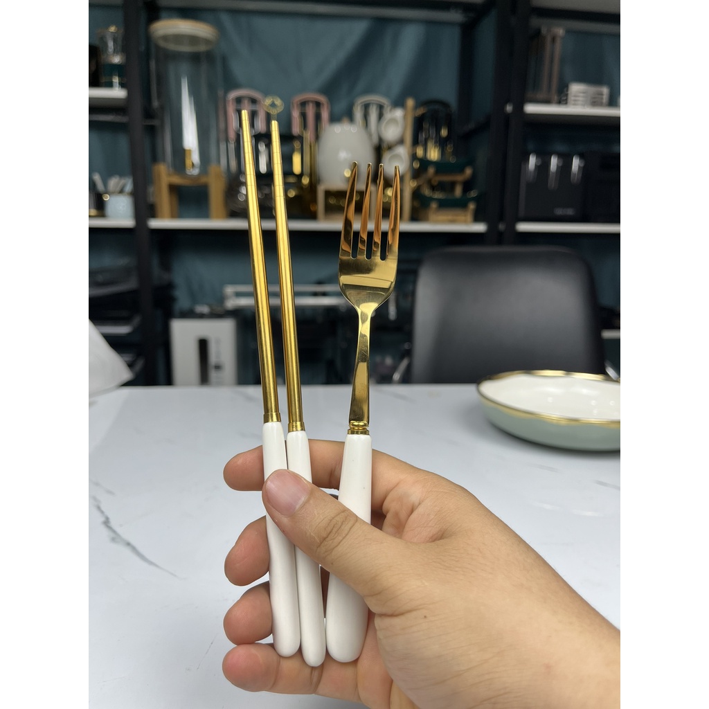 Đũa Dao Nĩa Thìa Muỗng Bằng Sứ / Bộ đồ ăn inox 401 cán sứ phong cách Bắc Âu trắng sang trọng