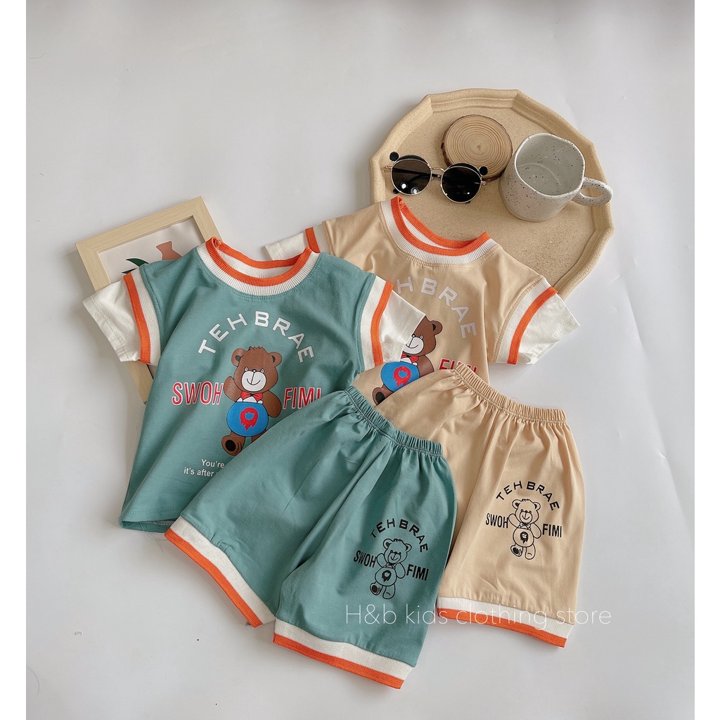 Bộ cộc tay chất Cotton tàu phiên bản gấu nâu phối bo cực đẹp thoáng mát mùa hè cho bé