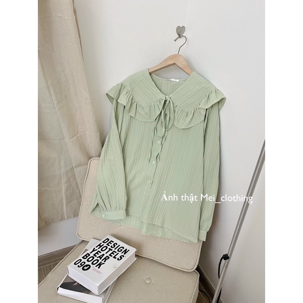 Áo sơmi gân Cổ Bèo To thắt nơ thiết kế tay bồng xinh xắn