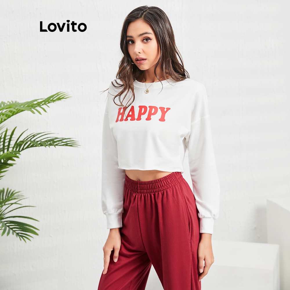 Áo sweatshirt Lovito giáng sinh kiểu thể thao in chữ tay dài L05086 (trắng)